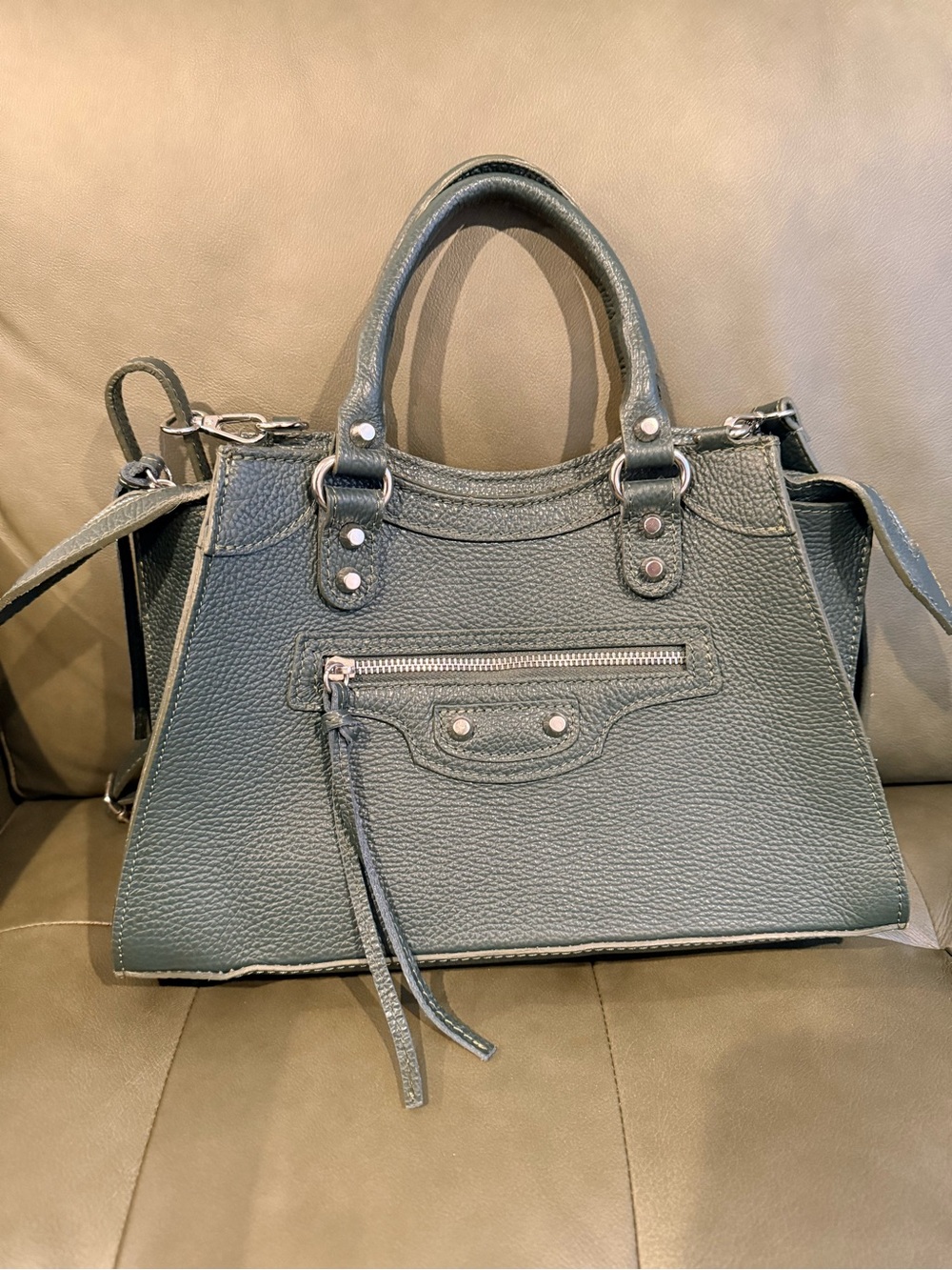 Structured Top-Handle Leather Satchel in Deep Green motorcycle city